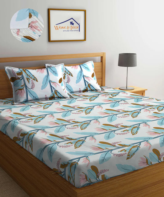 Green and Beige Floral Queen Fitted Bedsheet With 2 Pillow Covers
