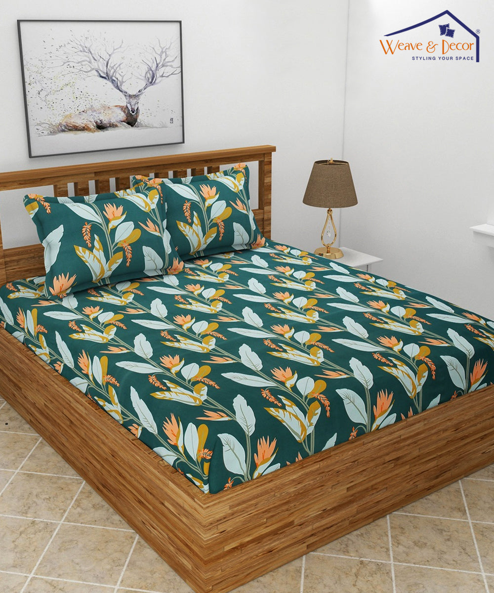 Dark Green Floral Bedsheet with 2 Pillow Covers