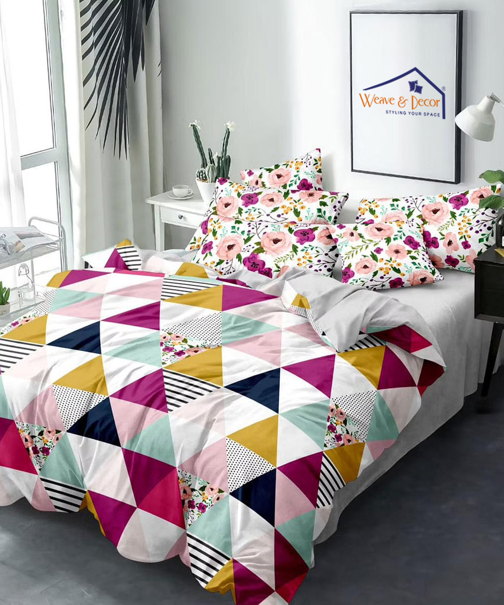 Multicolored Triangles Double Bedsheet With 2 Pillow Covers