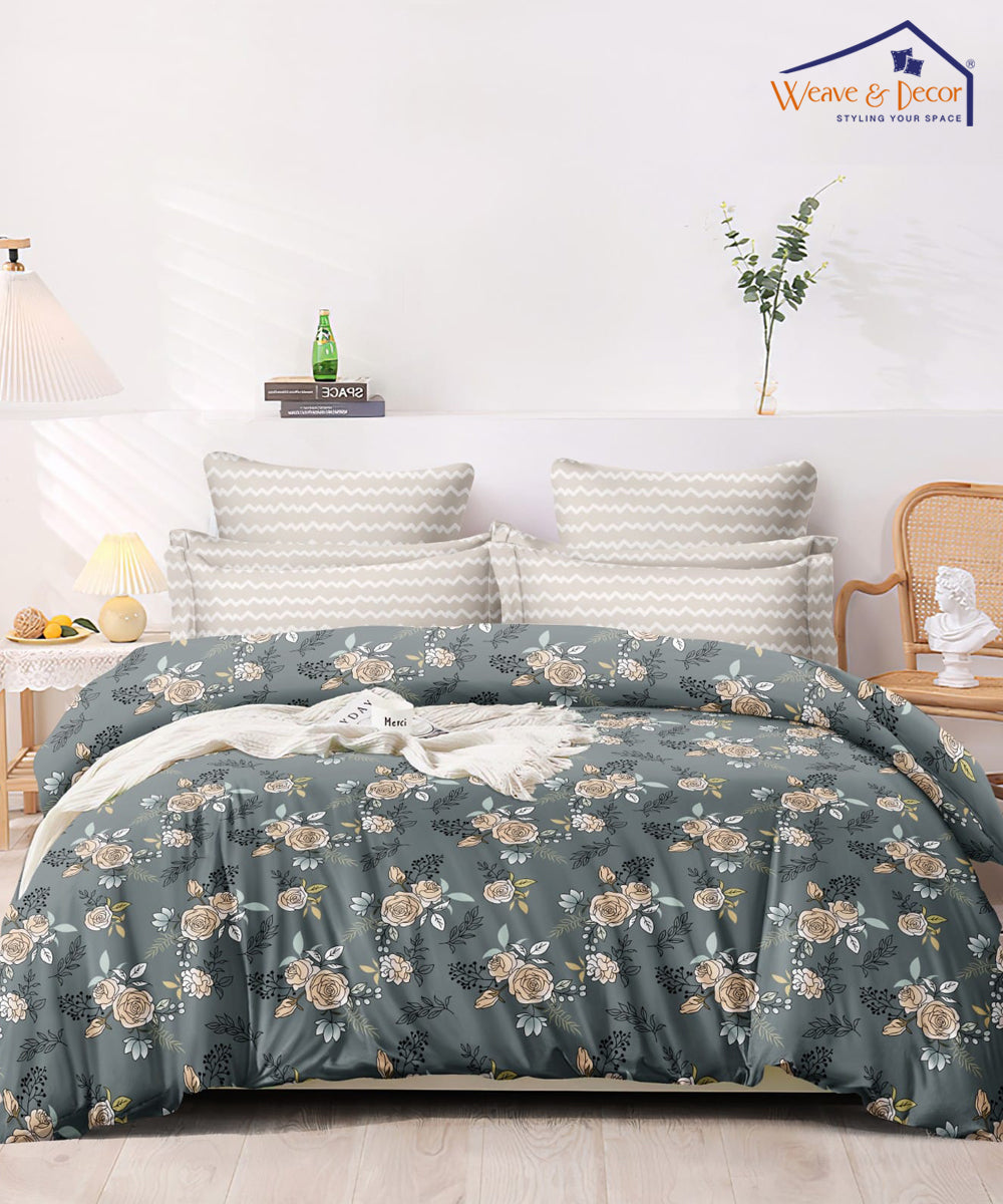 Green Floral Queen Fitted Bedsheet With 2 Pillow Covers