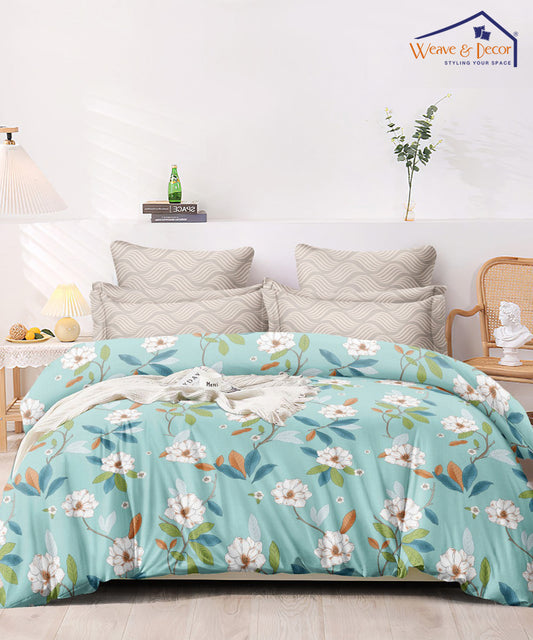 Blue Floral Super King Fitted Bedsheet With 2 Pillow Covers