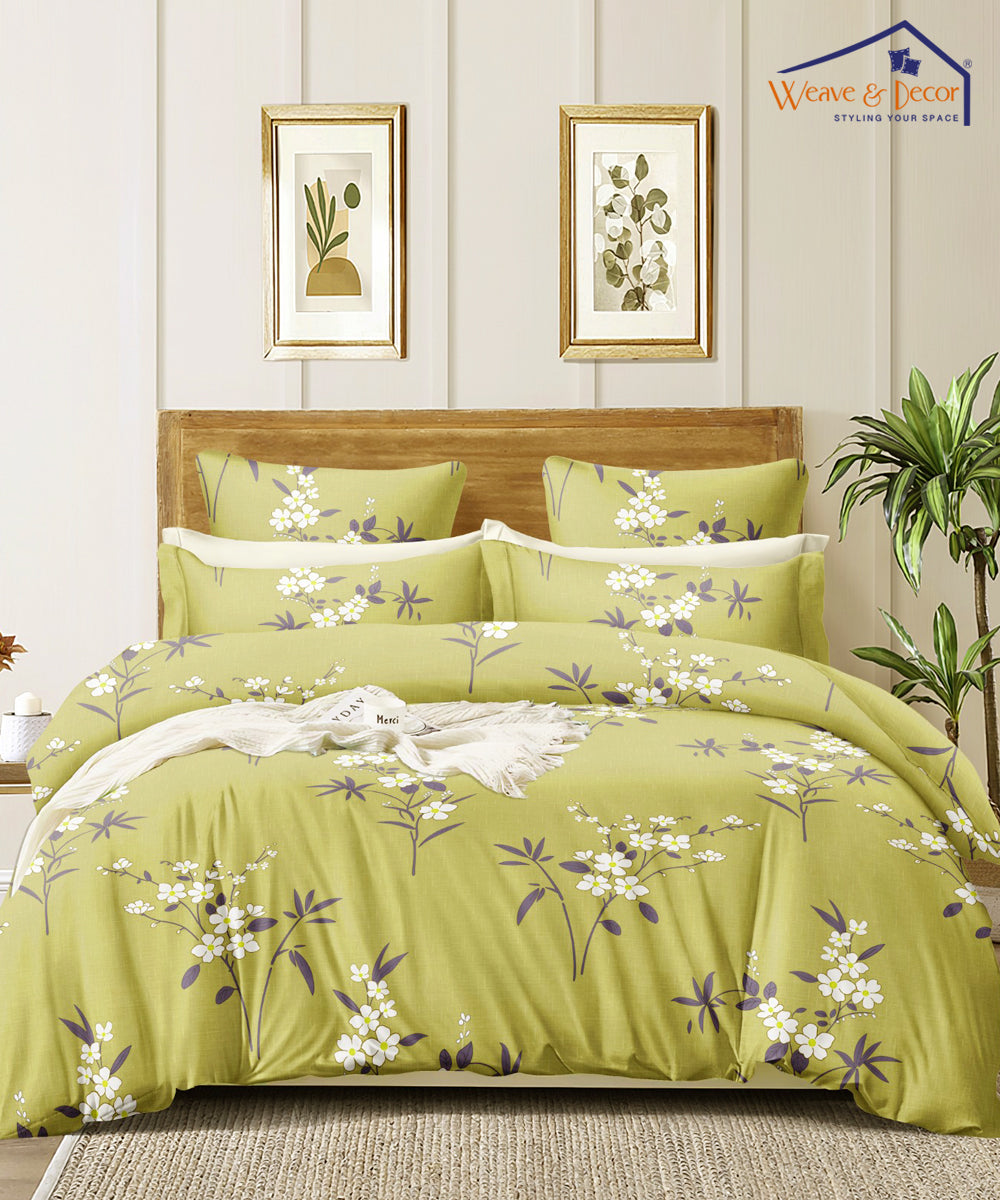 Mustard Floral Fitted Bedsheet With Pillow Cover