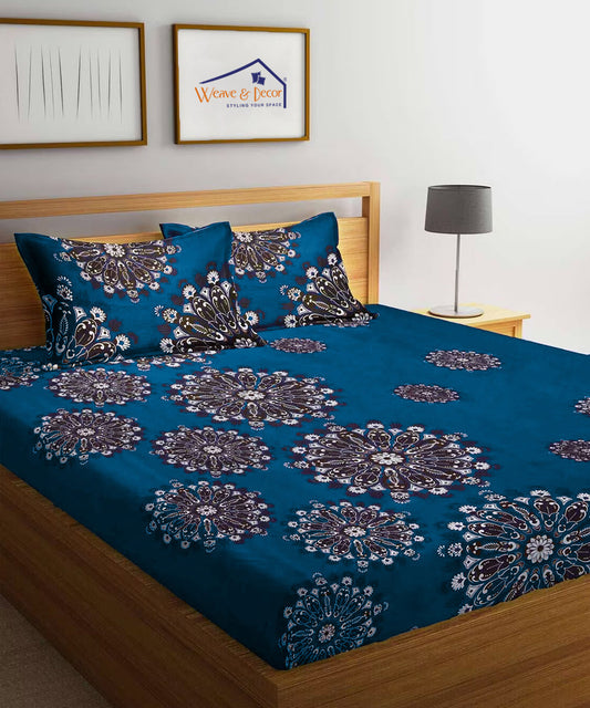 Deep Blue Floral Super King Fitted Bedsheet With 2 Pillow Covers