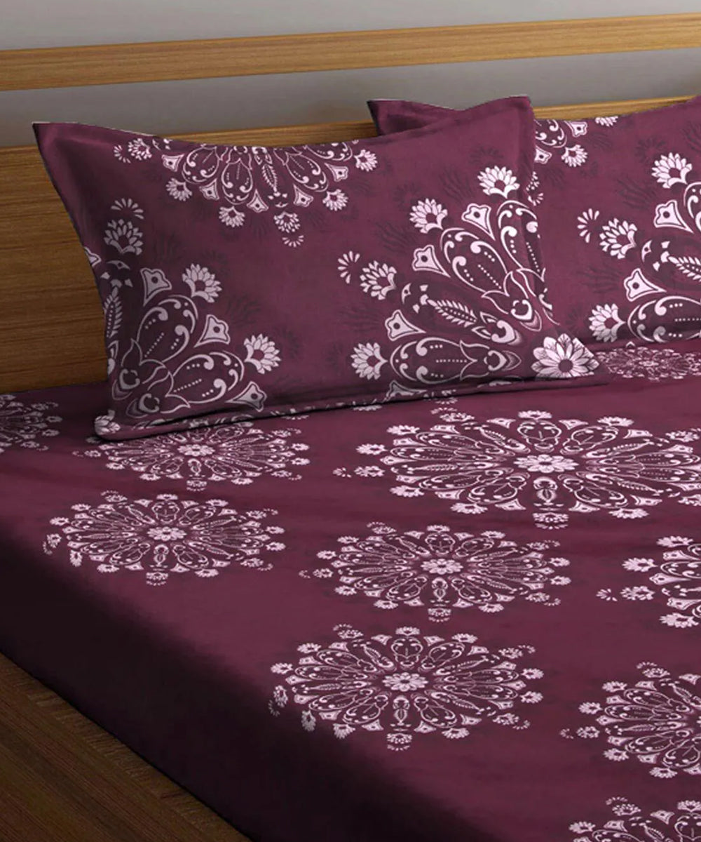 Wine Floral Flat Bedsheet With Pillow Covers