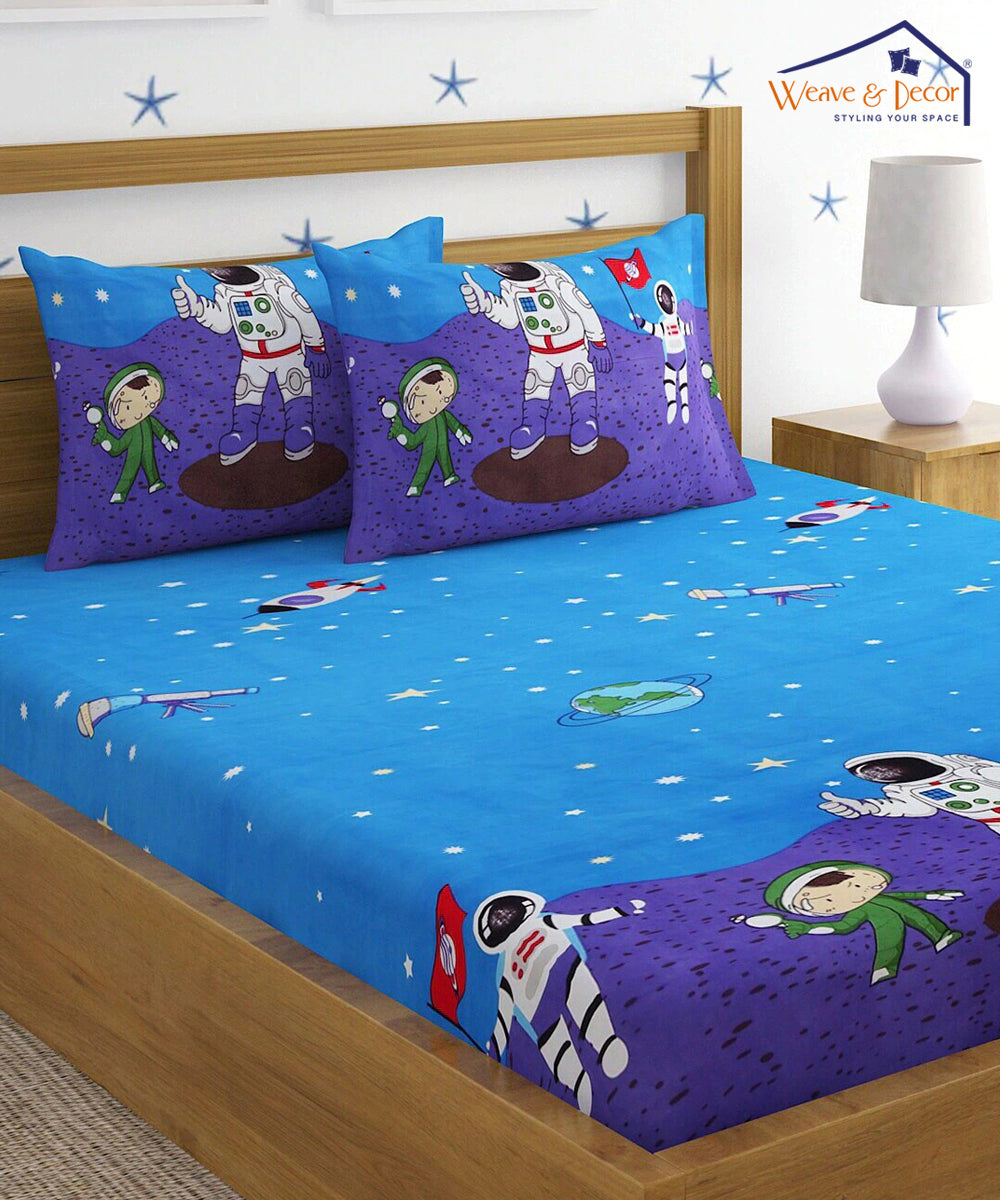 Space Printed Super King Fitted Bedsheet With 2 Pillow Covers