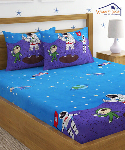 Space Printed Super King Fitted Bedsheet With 2 Pillow Covers