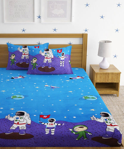 Space Printed Super King Fitted Bedsheet With 2 Pillow Covers