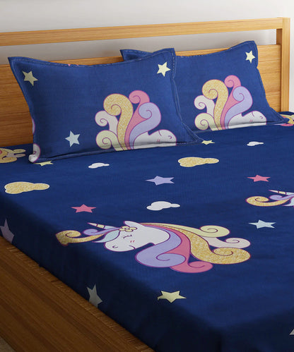 Unicorn Kids Super King Fitted Bedsheet With 2 Pilliow Covers